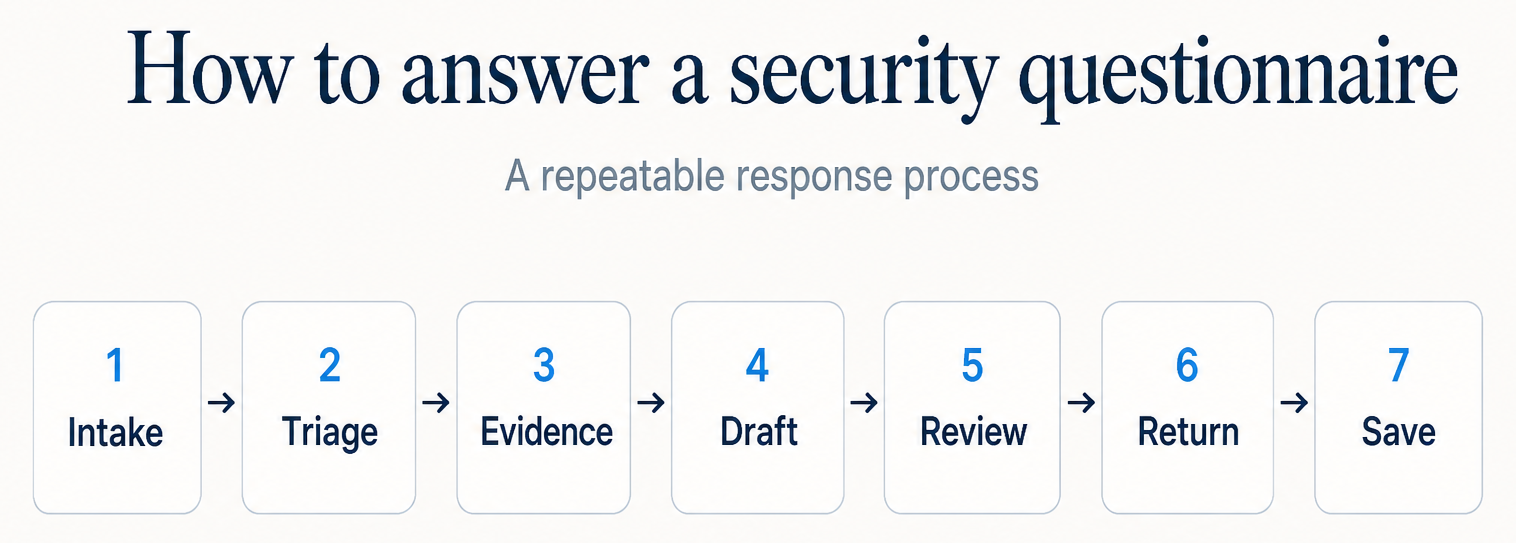 Seven-step process to answer a security questionnaire: Intake, Triage, Evidence, Draft, Review, Return, Save